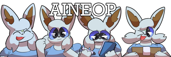 A banner that has four portraits of the same pastel blue furry character, with the text AINEOP on top of them. One is grinning, one looks confused, one is writing, and one is holding a box.