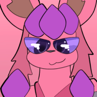 A hot pink furry character with a saturated purple headpiece.