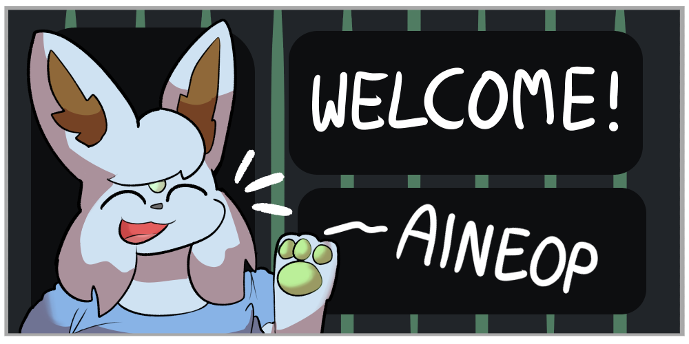 A card with a blue furry character waving. It says WELCOME and signs off with AINEOP.