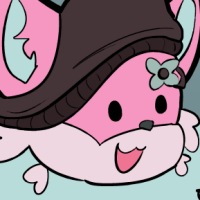 A happy pink fox with pastel blue neck fluff and a black beanie.