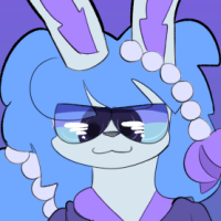 A white furry character with blue hair that has pearls in it, and bunny ears.