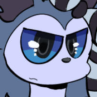 A white furry character with steel blue hair and black and white bows.